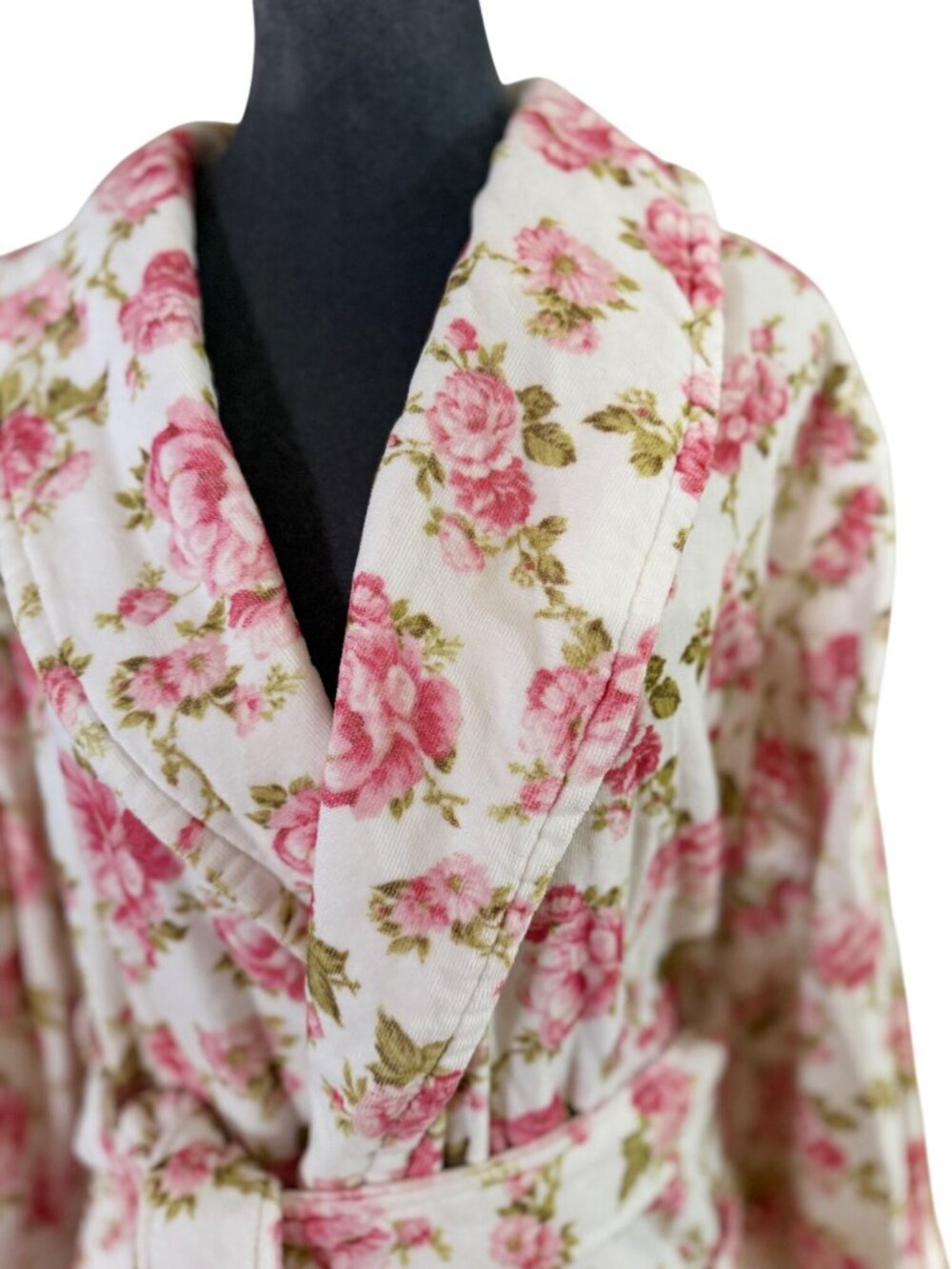LoveShackFancy Floral Belted Robe S/M Pink & Green Roses Shawl Collar Soft Terry - Picture 2 of 7
